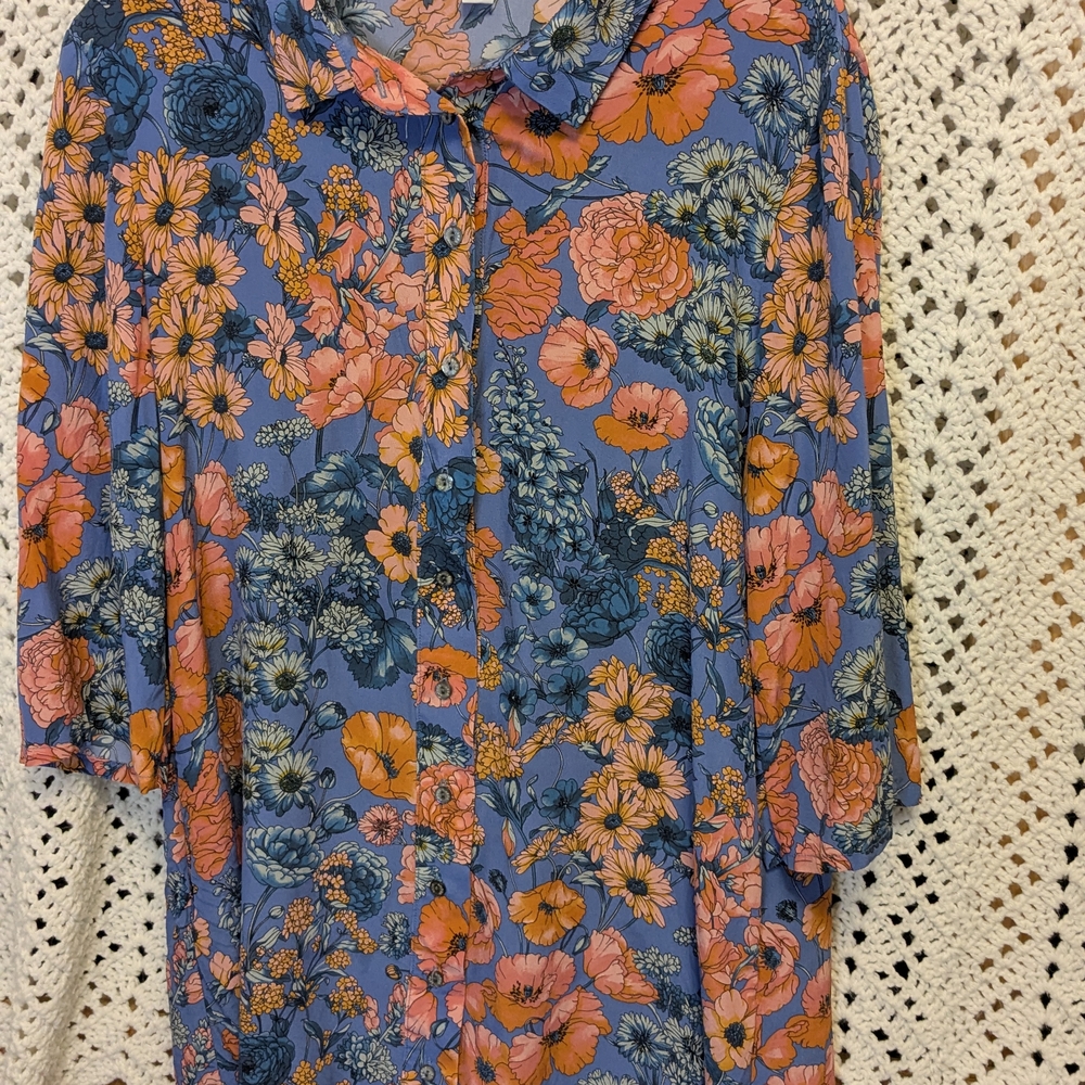 Amour Vert Blue Floral Midi Dress with Pink and Orange Blooms